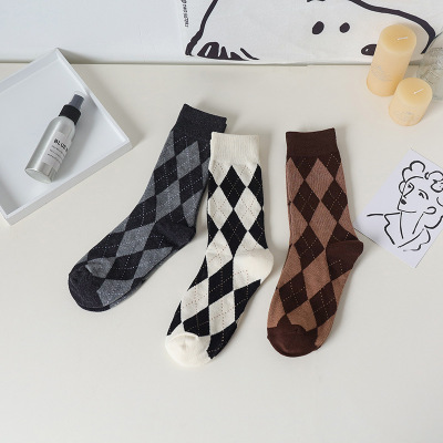 Socks Boneless Seam Head Internet Celebrity Wear Rhombus Girl Autumn Winter Japanese College Style Trendy Mid-Calf Length Socks 