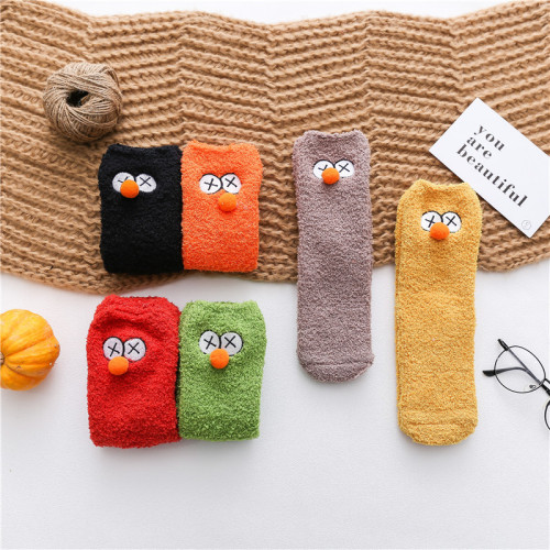 autumn and winter new thickened thermal coral fleece women‘s socks ins sesame street embroidered floor socks sleep socks women‘s mid-calf