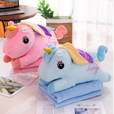 New Cartoon Unicorn Airable Cover Plush Pillow Children Flannel Blanket Promotional Gift Logo Customization