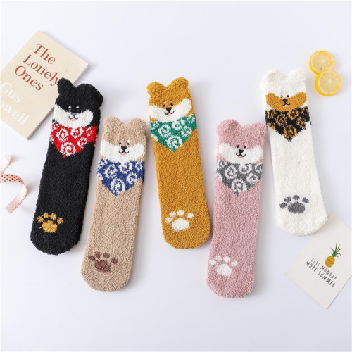 autumn and winter fleece padded warm coral fleece women‘s socks cartoon cute animal dog footprints floor sleep socks