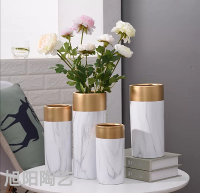 Nordic Creative Golden Marble Ceramic Vase Modern Minimalist Flower Vase Home Decoration Pen Holder Crafts