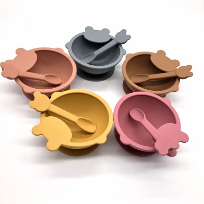 Foreign Trade Silicone Bowl Spoon Set Solid Color Snack Catcher Silicone Spoon New Bib Baby Eating Bowl Spoon Set