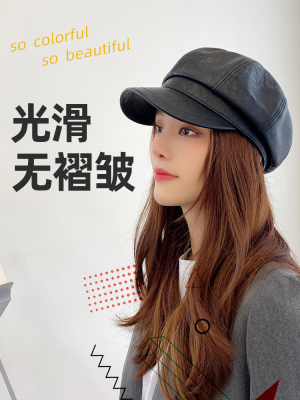 Black Cyber Celebrity Octagonal Cap Retro Leather Summer Japanese Beret Big Head Circumference Spring and Autumn Hat Versatile Fashion