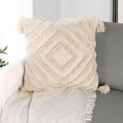 Amazon Simple Home Nordic Style White Cotton Braided White Tufted Geometric Tassel Pillow Cover Cushion