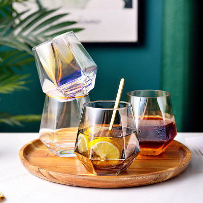 Creative Whiskey Shot Glass Transparent Colorful Geometric Crystal Glass Cup Japanese Style Golden Trim Hexagonal Household Juice Cups