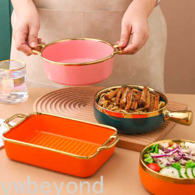 Ceramic Fruit Salad Bowl Household Fruit Plate Dessert Golden Edge Dessert Handle Bowl Rectangular Deep Plates