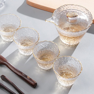 Japanese-Style Household Gold-Painted Ice Dew Glass Tea Set Transparent Cover Teacup Tea Set Kung Fu Tea Set Wholesale