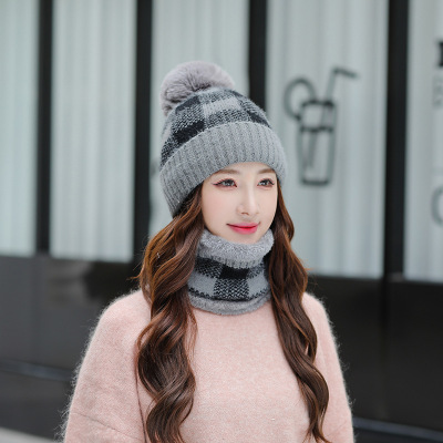 Hat Female Autumn and Winter Internet Celebrity Hoodie Neck Warmer plus Velvet Thickened All-Matching Hat Knitted Hat Plaid Wool Bandana Knitted Hat