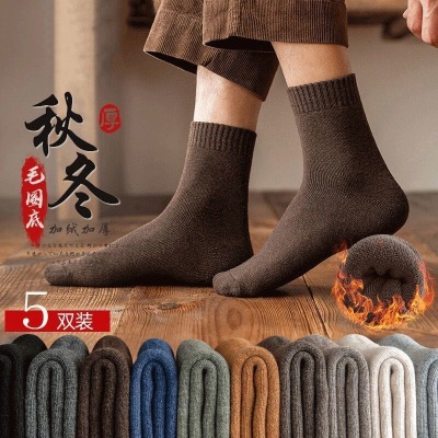 Terry Socks Autumn Winter Breathable Deodorant Thick Solidcolor Mid-Calf Length plus Velvet Tube Warm Sports Socks