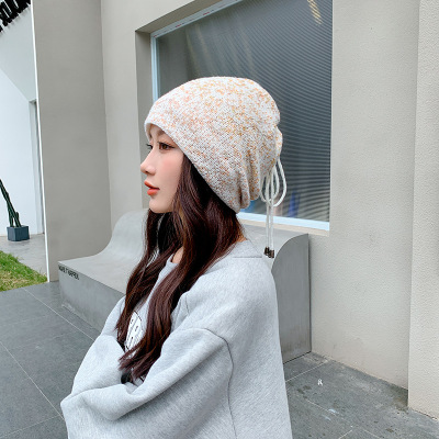 Autumn and Winter Dual-Use Bandana Jacquard Fluorescent Cap Fleece-Lined Earflaps Knitted Hat Leak Cap with Hair Extensions Toque Beanie Hat Wholesale