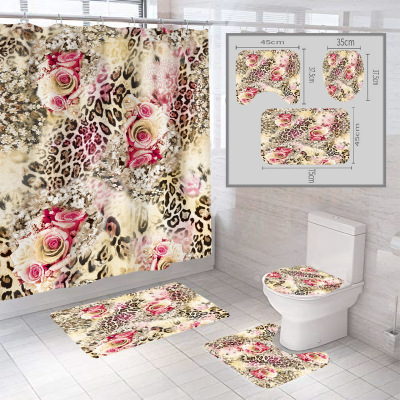 Romantic Flower Cross-Border Bathroom Non-Slip Floor Mat Three-Piece Shower Curtain Combination Carpet Four-Piece Set Spot Delivery