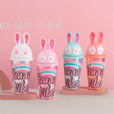 Yw Cony Rabbit Colorful Ice Cup Plastic Cup Summer Fresh Girl's Heart Net Red Water Cup Spot Stock