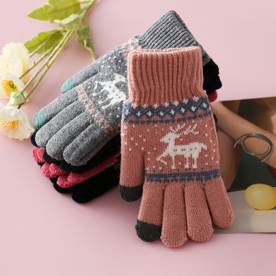 New Women's Autumn and Winter Deer Warm Touch Screen Gloves Fleece-Lined Thickened Cute Fashion Gloves Writing Outdoor Riding