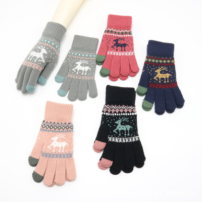 Women's Touch Screen Deer Gloves Winter Outdoors Cycling Open Knitted plus Fluff Thickened Men's Warm Couple Student Cold-Proof