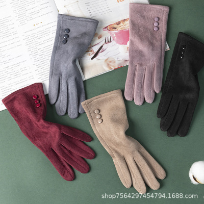 Five-Finger Touch Screen Gloves for Women 21 Winter New Deerskin Velvet Spot Thermal and Windproof Electric Car Button Fashion Retro