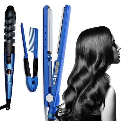 Cross-Border Hot Selling Three-in-One Hair Curler Titanium Alloy Splint Hair Straightener Spiral Hair Curler Comb Set