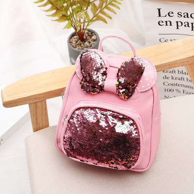 Wholesale New Fashion Children's Backpack Ear Sequins Zipper Backpack Female PU Leather Student Schoolbag Storage Dual-Use