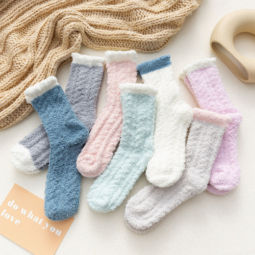 Coral Fleece Socks Women‘s Winter Thicken Thermal Room Socks Solid Color Twist Mid-Calf Home Sleeping Socks Terry Sock a