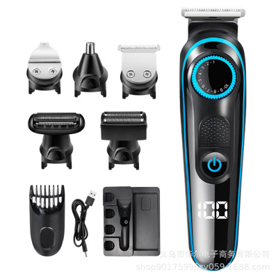 Amazon Hot Selling Multi-Functional Five-in-One Electric Hair Cutter Shaver Nose Hair Repair LCD Digital USB Charging Hair Clipper