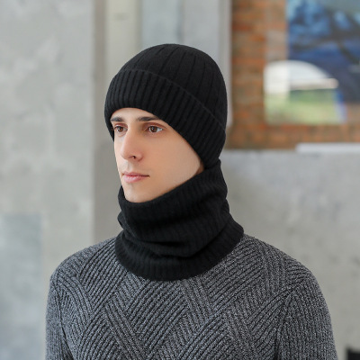 Tumai New 100% Wool Vertical Bar-Cap + Bandana Solid Color Outdoor Keep Warm Knitted Hat Fashion All-Match Wool Cap