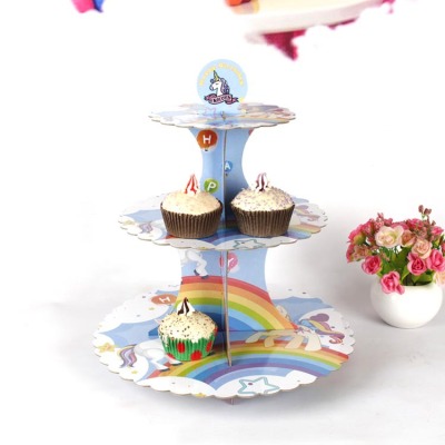 Factory Wholesale Three-Layer Paper Cake Rack Children's Party Unicorn Decoration Shelf Dessert Table Display Stand