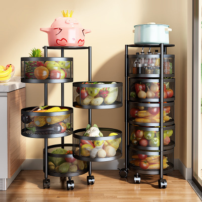 Kitchen Storage Rack Floor Rotatable Vegetable and Fruit Storage Rack Household Multi-Layer with Wheels Fruit Basket