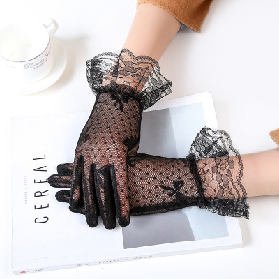 Summer Women's Sun Protection Driving and Biking Gloves Bow Black Lace Floral Border Mesh Wedding Bridal Gloves