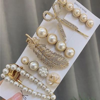 South Korea Dongdaemun Scissors 6-Piece Barrettes Feather Hairpin Pearl Bobby Pin Duckbill Clip Online Influencer Headdress