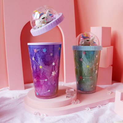 Factory Wholesale Original Water Cup Unicorn Ice Cup Plastic Cup Creative Gift Double-Layer Cup with Straw Stock