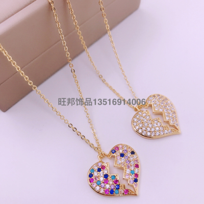 Europe and America Cross Border Fashion Women Ornament Micro Inlaid Zircon Plating Real Gold Geometric Pendant Clavicle Chain Love Necklace H