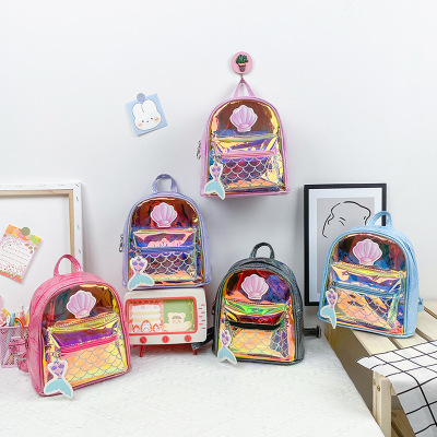 Children's Bag New Ins Colorful PVC Backpack Cartoon Shell Fish Tail Transparent Laser Princess Bag