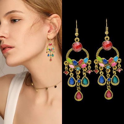 Factory Direct Sales New Festive Long Earrings for Bride Flower Diamond Ethnic Style Earrings Earrings Cross-Border Supply