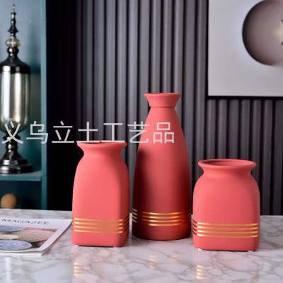 Gao Bo Decorated Home New Morandi Gold Outline Ceramics Vase Three-Piece Set