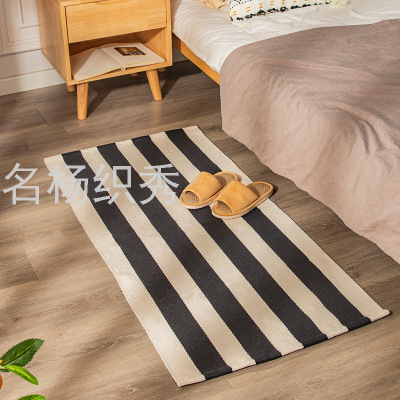 My American Style Monochrome Line Home Doorway Foot Mats Cotton Yarn-Dyed Curling Floor Mat Simple Bedside Mats