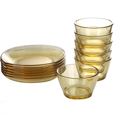 Mingshangde Thickened Transparent Amber Glassware Set Wholesale Hotel Household Nordic Bowls, Dishes and Plates 12 Heads