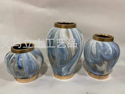 Gao Bo Decorated Home Golden Bottle Mouth Golden Base New Ceramic Vase Three-Piece Set