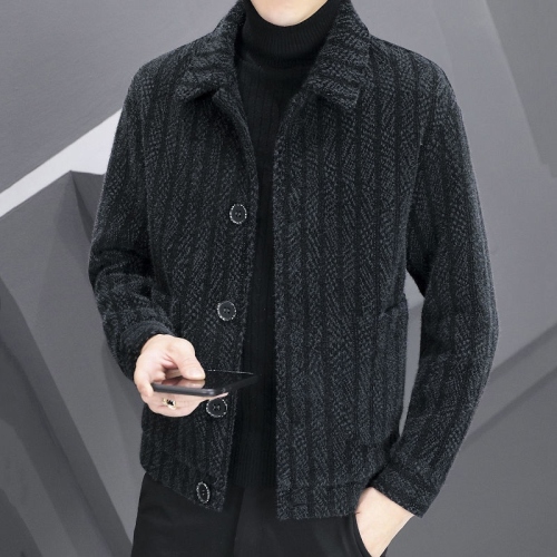 Men‘s Jacket Coat Thick Autumn and Winter Korean Style Striped Boutique Velvet Top Clothes Men‘s Trendy Short Woolen Raccoon