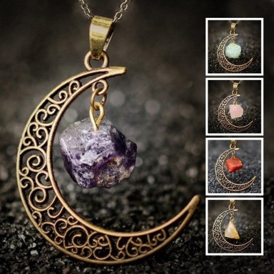 Foreign Trade Retro Moon Alloy Sweater Chain European and American Style Jewelry Natural Stone Crystal Necklace for Women Amazon Ornament