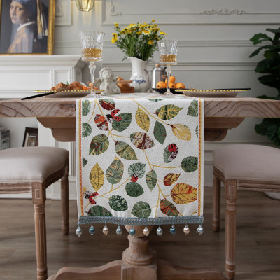 New American Pastoral Chenille Jacquard Embroidered Green Plant Table Runner Home Tablecloth Tassel Table Runner Factory