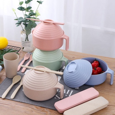 Wheat Straw Fork Spoon and Chopsticks Rice Bowl Canteen Household Large Capacity Drop-Proof and Hot-Proof Laid-Back Instant Noodle Bowl