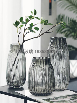 European-Style Creative Corrugated Mouth Gray Glass Vase Water-Keeping Lily and Dracaena Sanderiana Fresh Table Vase Bell Horse Drunk Wood