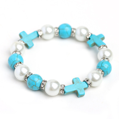 Factory Supply Christ Cross Bracelet Turquoise Rhinestone Pearl Single Ring Bracelet Foreign Trade Ornament Wholesale Processing