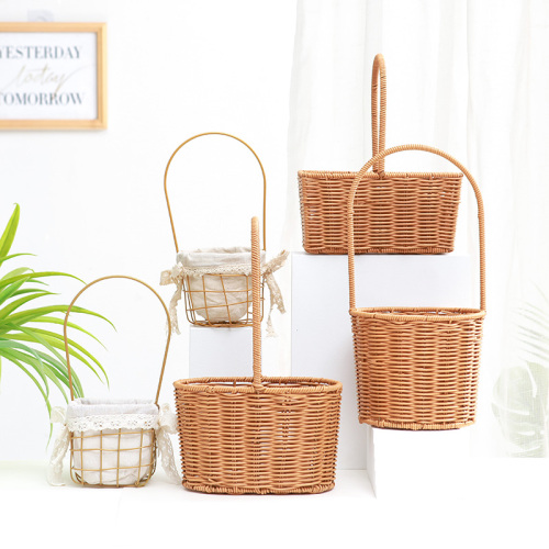 Hand-Held Flower Basket Hand-Woven Bouquet Dried Flowers Flower Arrangement Bamboo Rattan Woven Flower Girl Small Basket Pastoral Style 
