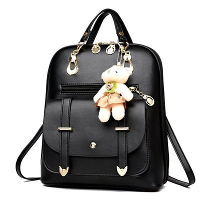 Women's Backpack Fashion Trend Pu Travel Bag Simple Cute School Bag Free Bear