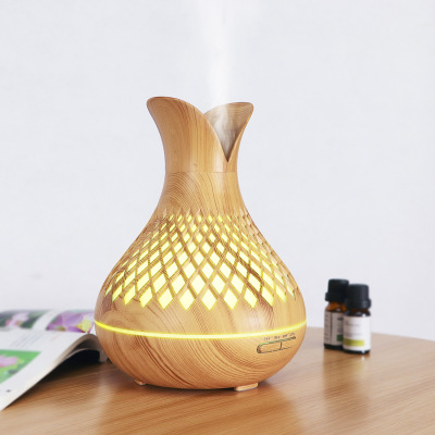 2022 New 500ml Wood Grain Aroma Diffuser Hollow Lattice Humidifier Household Double Leaf Petal Essential Oil Aroma Diffuser