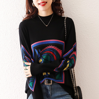 Half Turtleneck Printed Bottoming Shirt Women's 2021 Autumn and Winter New Korean Style Long Sleeve Loose Large Size Pullover Knitwear Western Style
