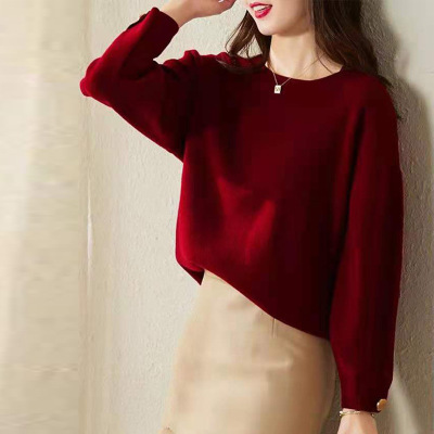 Sweater 2021 New Loose Red Knitted Bottoming Shirt for Women Fall and Winter Outer Wear Design Blouse Western Style Youthful-Looking