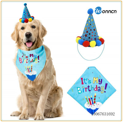 Dog Birthday Decoration Two-Piece Suit Birthday Hat Saliva Triangular Binder Amazon Cross-Border Foreign Trade Packaging