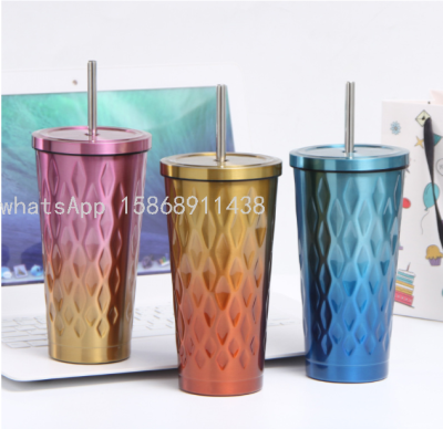 Stainless Steel Diamond Cup with Straw Outdoor Car Cup Large Capacity Double Layer Large Ice Cup Gift