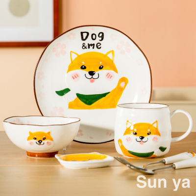 Creative Hand-Painted Cartoon Animal Dogs and Cats Ceramic Plate Breakfast Food Dispatch Disk Children's Tableware Household Ceramic Cup Bowl Plate